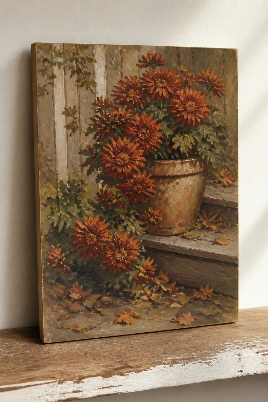 Vintage painting of orange chrysanthemums in a pot on wooden steps with scattered leaves.