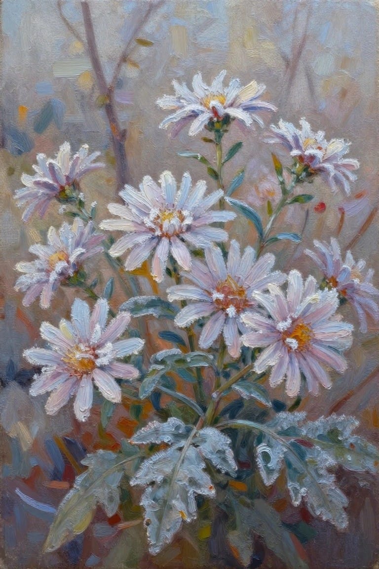 An oil painting of pale purple and white daisies with yellow centers and green leaves against a soft blurred background.