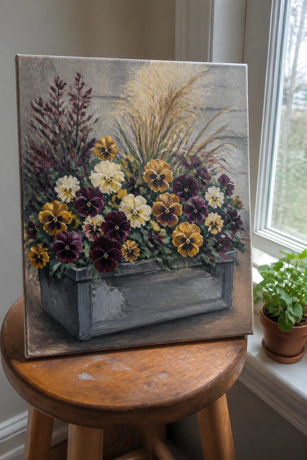 Painting of yellow white and purple pansies in gray wooden planter on stool