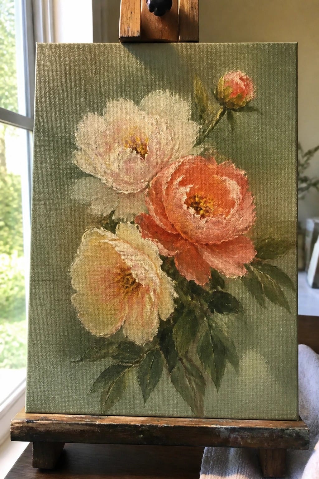 Floral oil painting with white, peach, and coral peonies on wooden easel