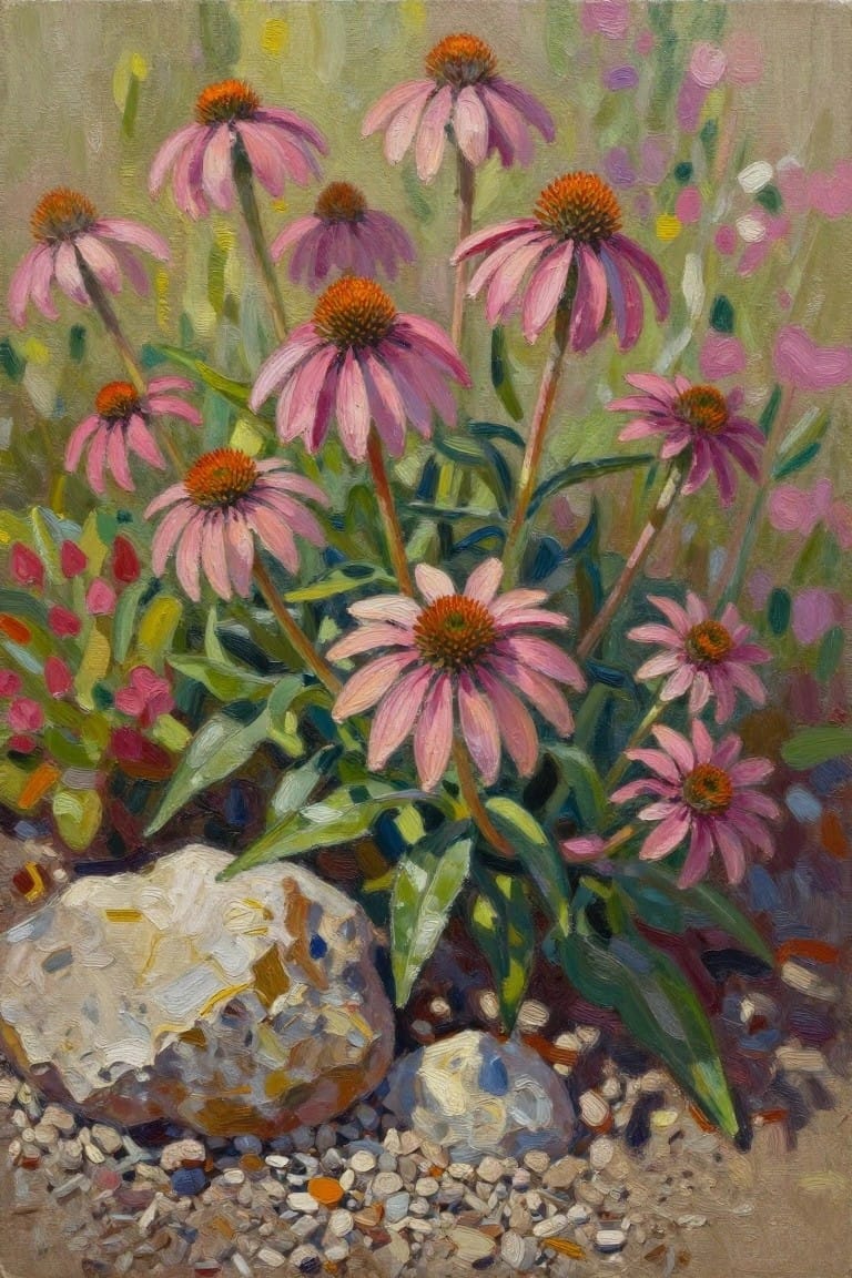 Pink coneflowers with orange centers bloom among rocks in impressionist painting