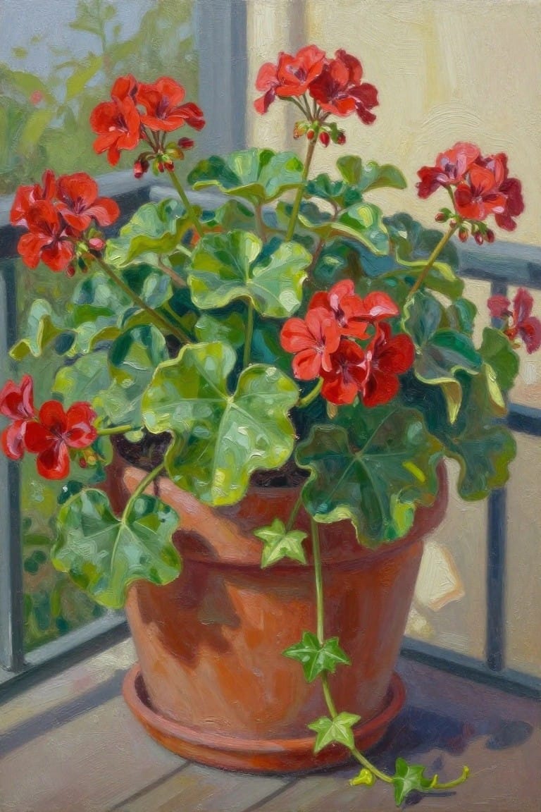 Red geraniums in a terracotta pot with trailing green ivy on a windowsill