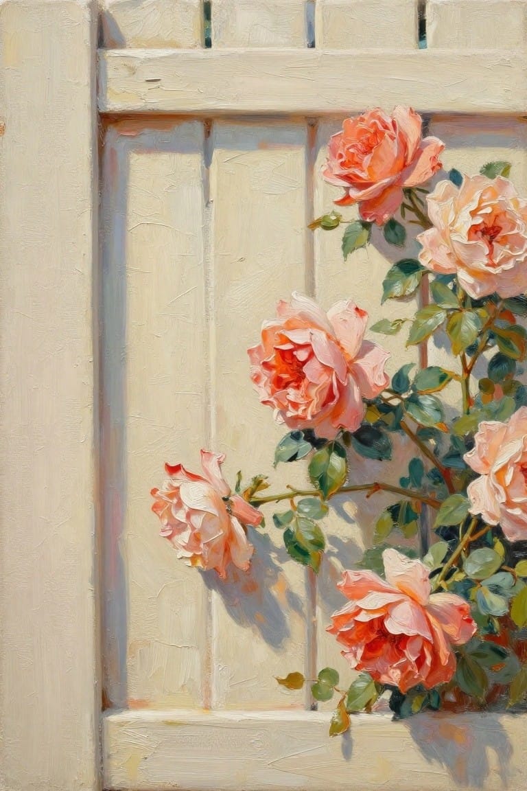 Blooming peach roses with green leaves on a white wooden fence