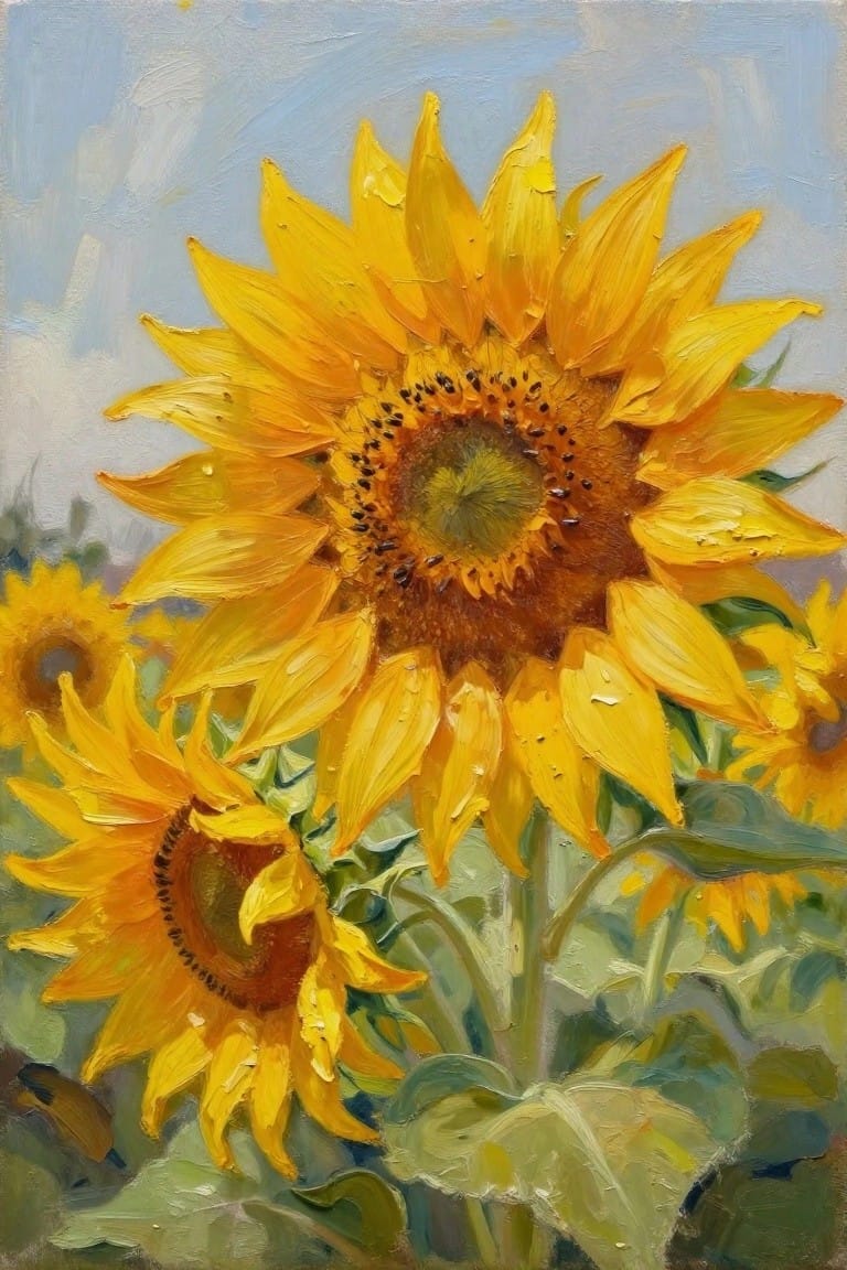 Vibrant yellow sunflowers with brown centers in thick oil brushstrokes against blue sky.