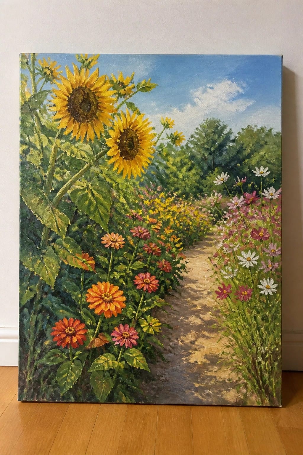 Vibrant painting of sunflowers and wildflowers lining a winding dirt path under blue sky