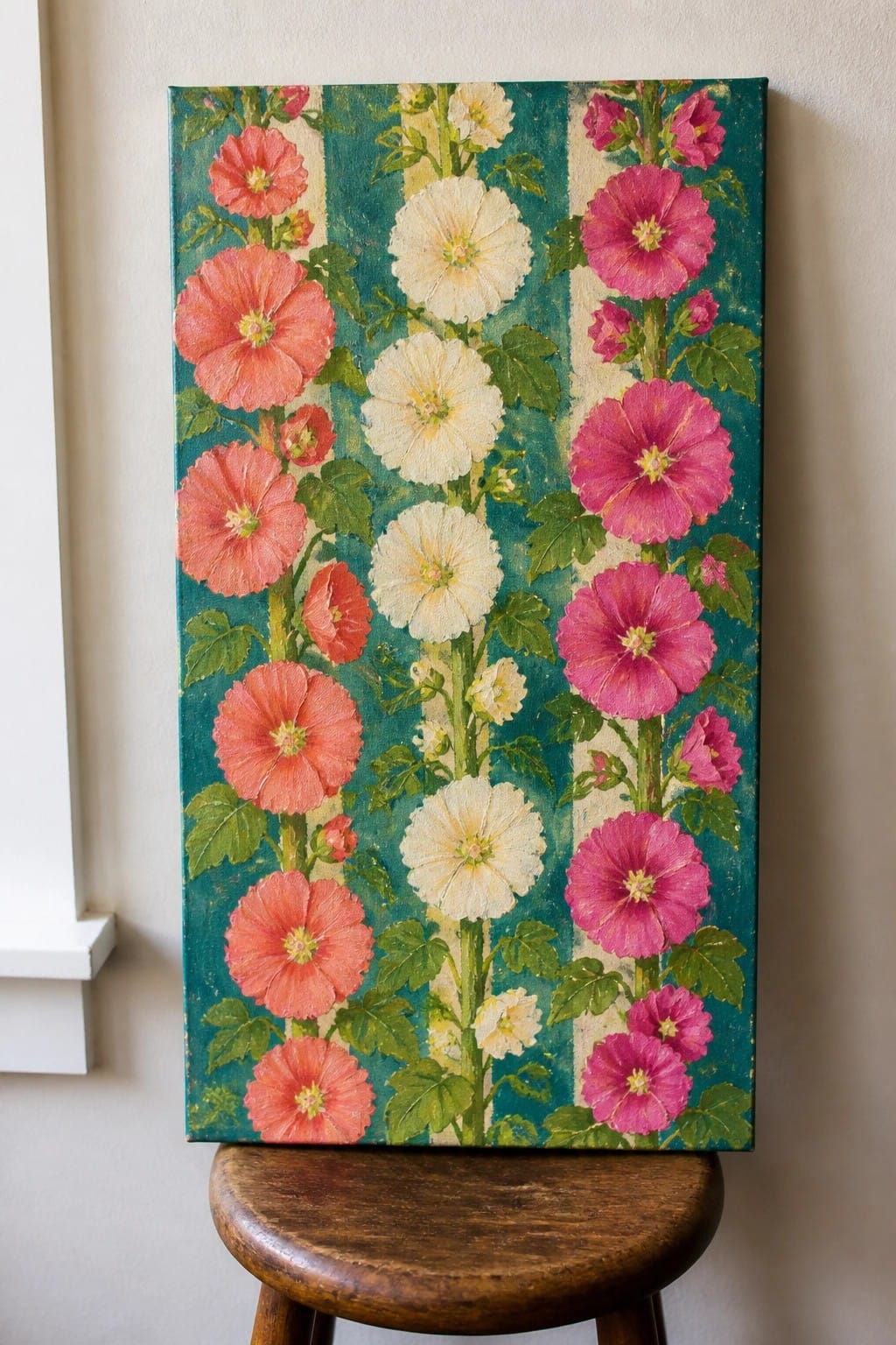 Vibrant hollyhock painting in pink, red, white on teal striped canvas atop wooden stool