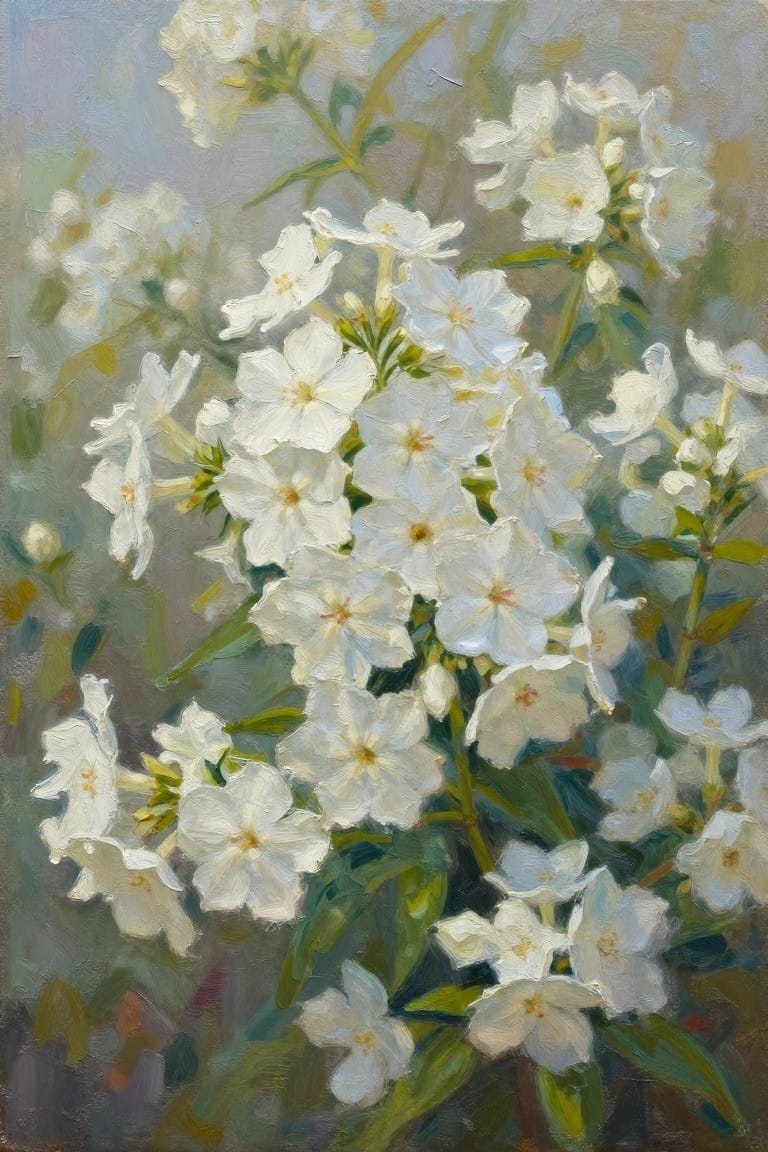 White blossoms with yellow centers clustered on green stems in oil painting style