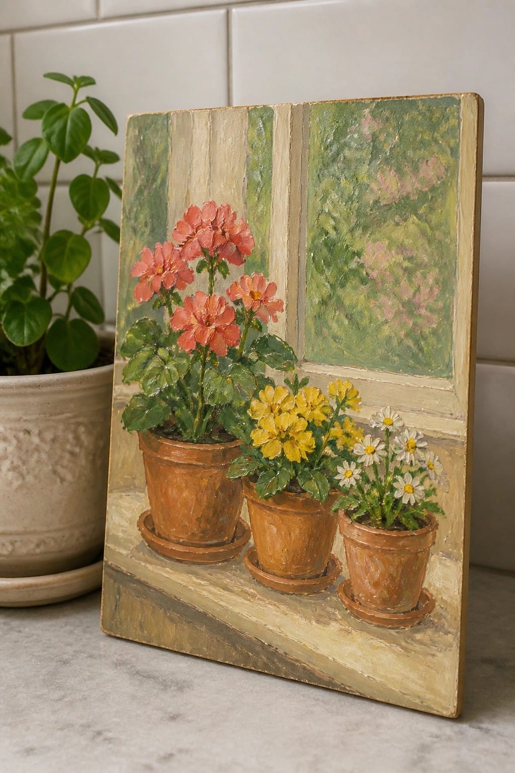 Impressionistic painting of three flower pots with red, yellow, and white blossoms on a sill