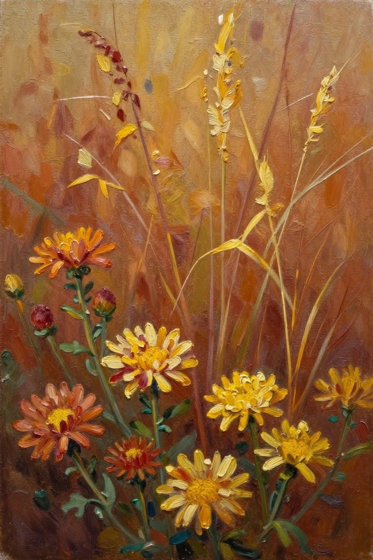 Yellow and orange daisies amid tall grasses on warm brown background