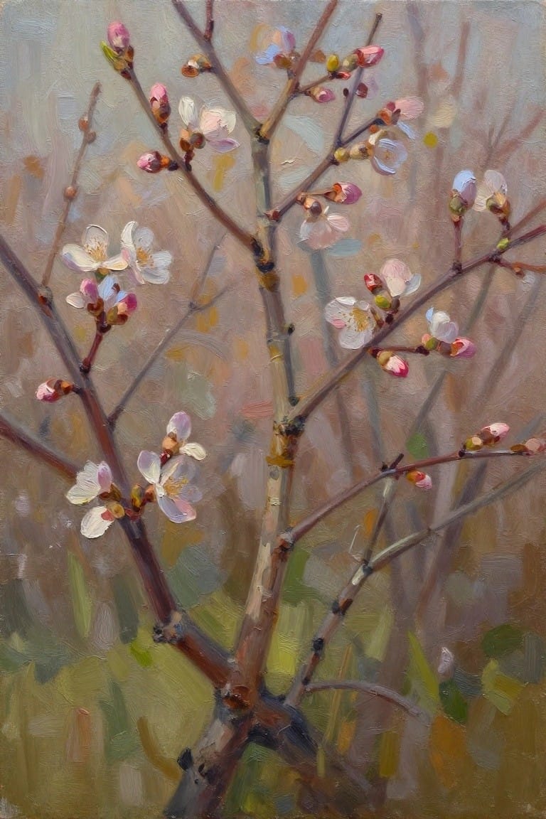 Oil painting of tree branches with delicate white and pink blossoms