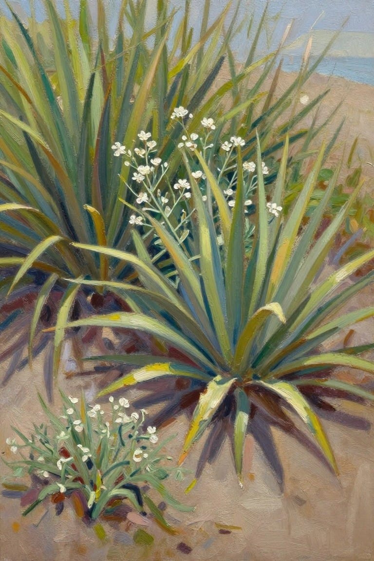 Impressionistic painting of spiky green-blue plants with white flowers on sand