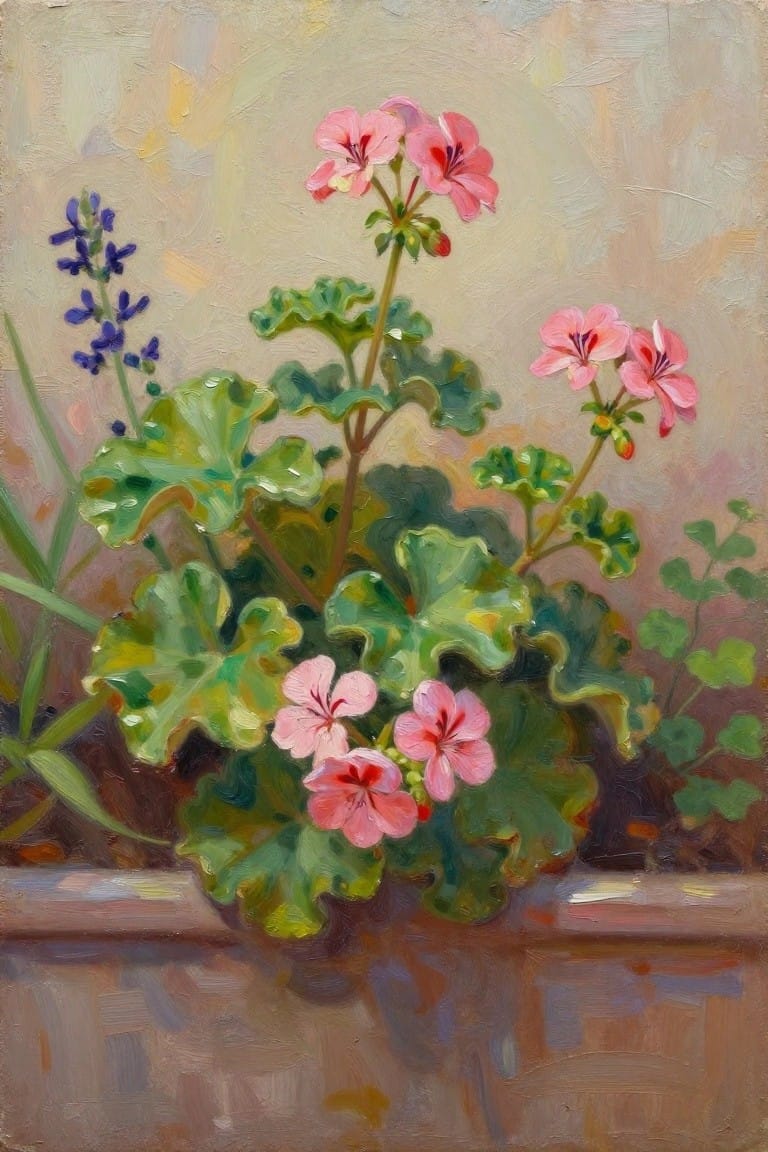 Pink geraniums with green leaves and purple blooms on a ledge in oil painting