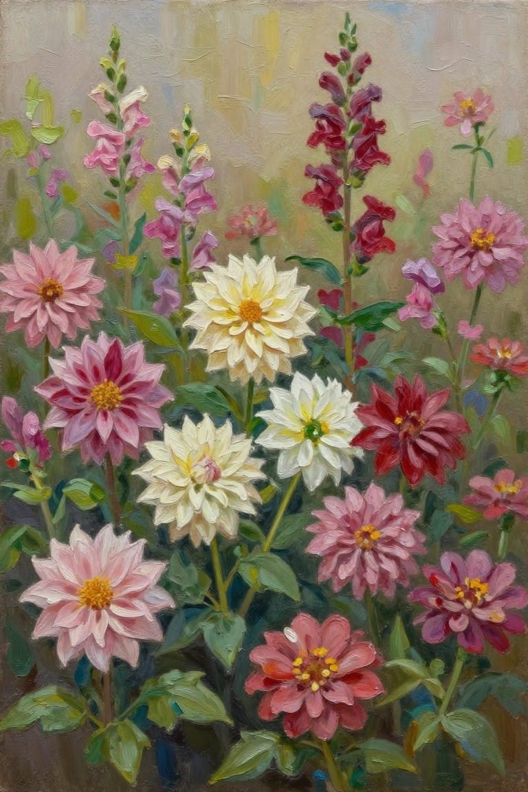 Vibrant oil painting of pink, white, and red dahlias with snapdragons in a garden