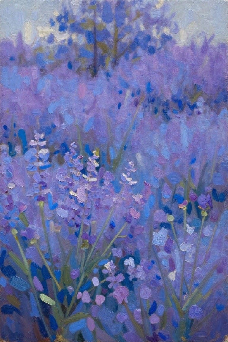 Impressionistic painting of dense purple wildflowers with green stems in a meadow.
