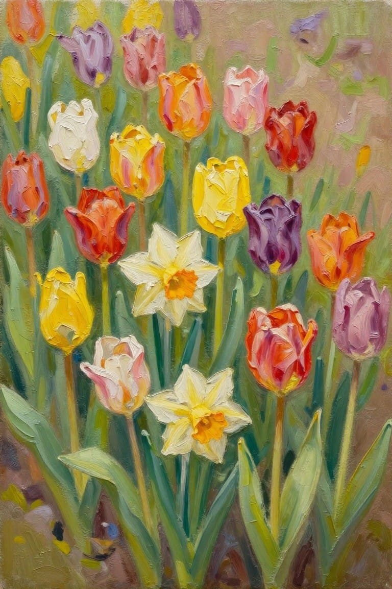 Vibrant oil painting of colorful tulips and daffodils blooming in a garden