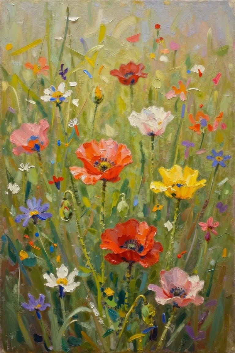 Vibrant impressionist painting of red poppies and colorful wildflowers in a meadow.