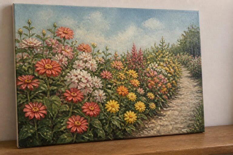 24 Beautiful Garden Oil Painting Ideas Centered Around Flower Beds and Borders Vivid painting of colorful zinnias along a winding path to a rustic cottage.