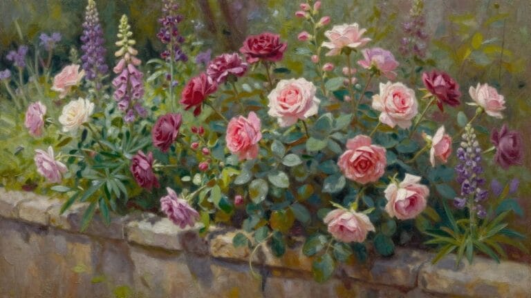 24 Beautiful Garden Oil Painting Ideas Centered Around Flower Beds and Borders Vibrant pink roses and purple lupine spikes beside a stone garden wall.
