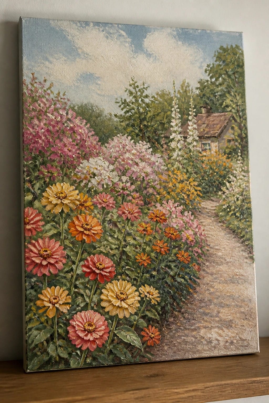Vivid painting of colorful zinnias along a winding path to a rustic cottage.