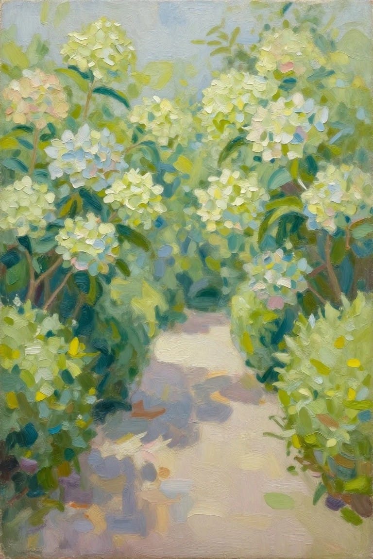 Impressionistic painting of a garden path lined with blooming white and pastel flowers.