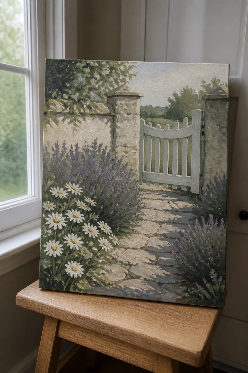 An oil painting shows a stone path lined with white daisies and purple lavender leading to a light wooden gate between two stone pillars.