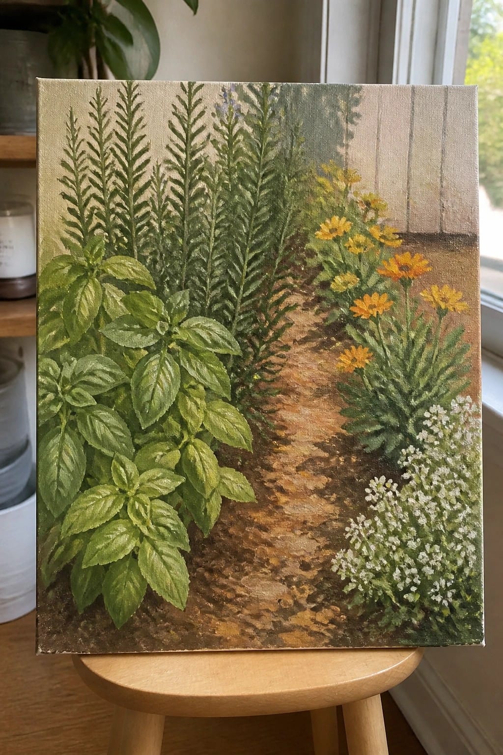 An oil painting of a garden path lined with tall green plants on the left, orange and yellow flowers on the right, and white blooms in the foreground against a light wall.