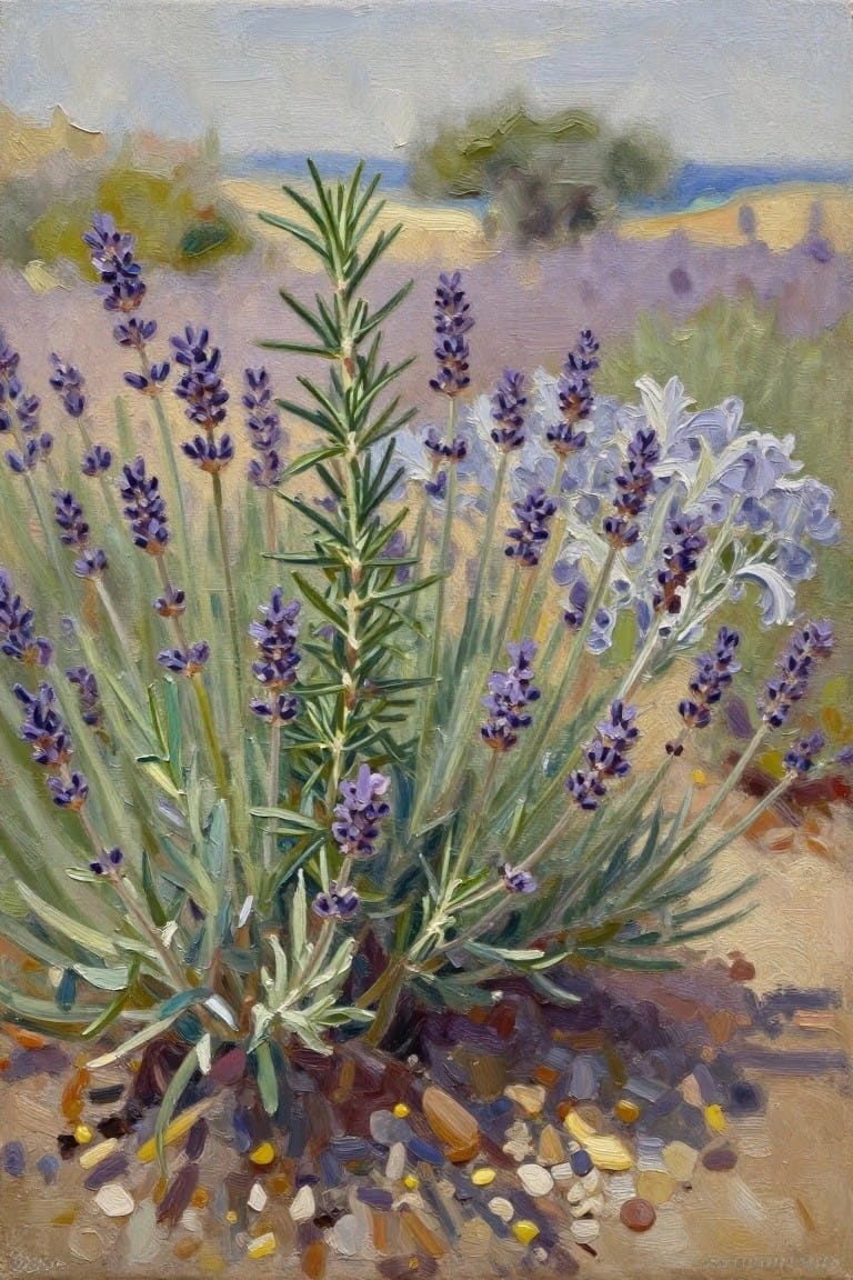 Purple lavender sprigs blooming amid pebbles in a hazy coastal landscape