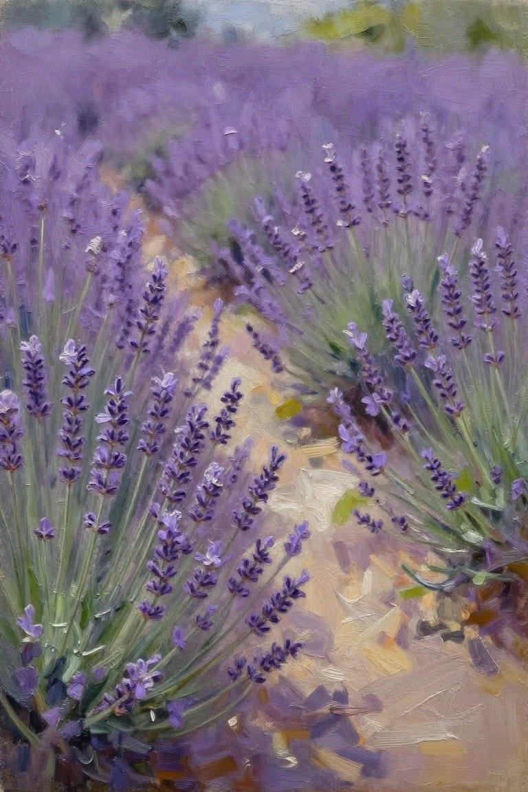 An oil painting of lavender rows with purple flower spikes and green stems beside a textured path.