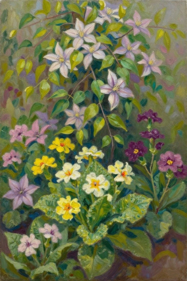 Vibrant oil painting of yellow primroses, white-purple clematis, and pink blooms with green leaves
