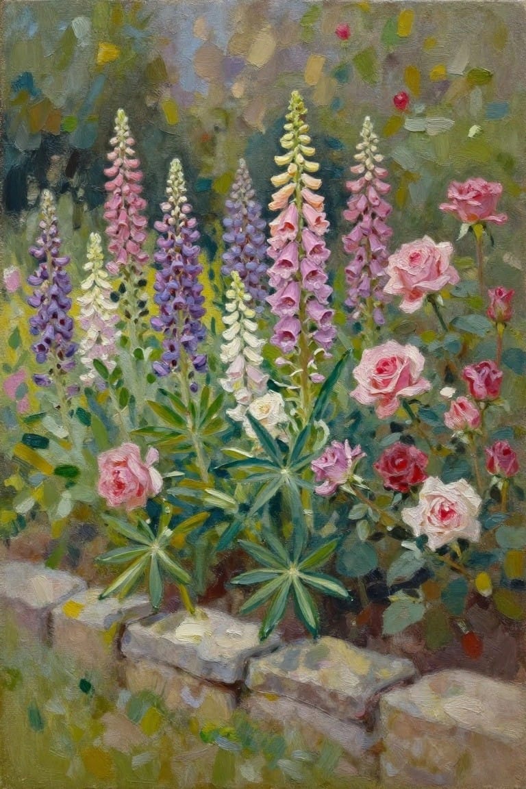 Vibrant pink roses and purple lupine spikes beside a stone garden wall.