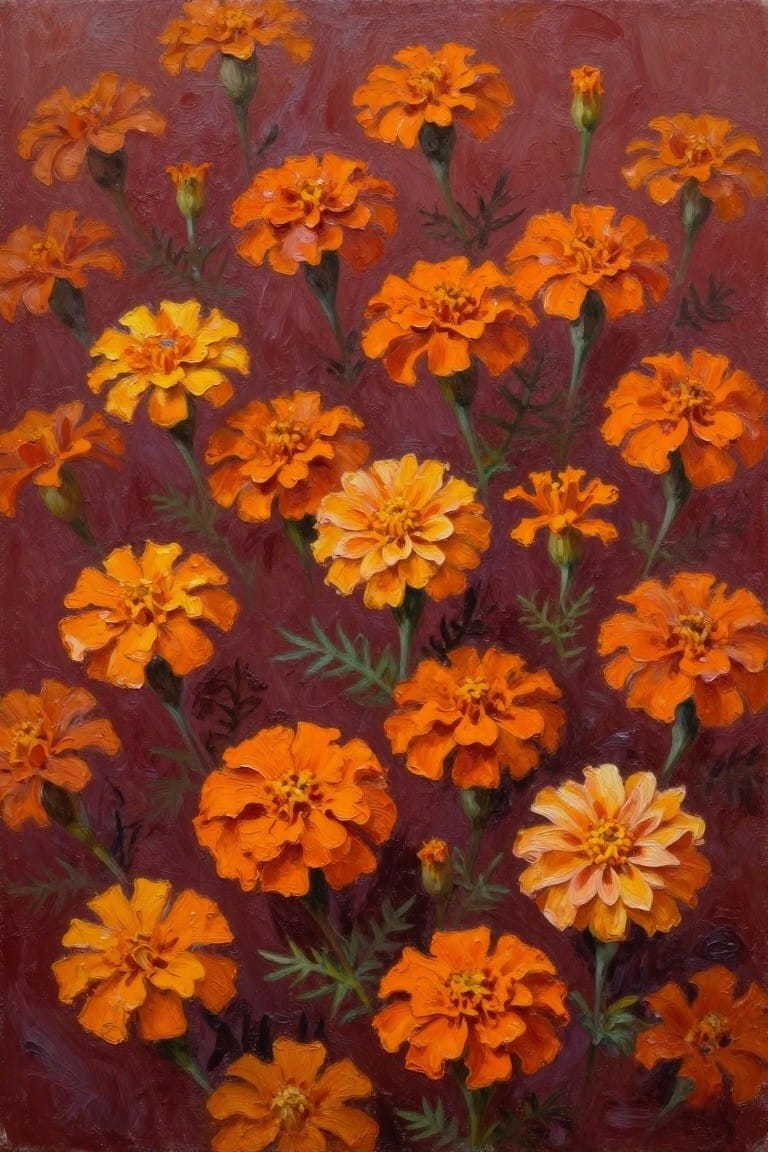 Vibrant orange marigolds with green stems on a deep maroon background.