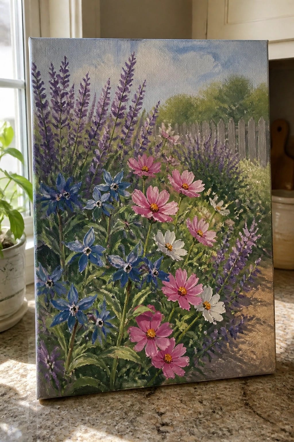Colorful canvas painting of purple lavender, blue stars, pink cosmos, and white daisies in a garden