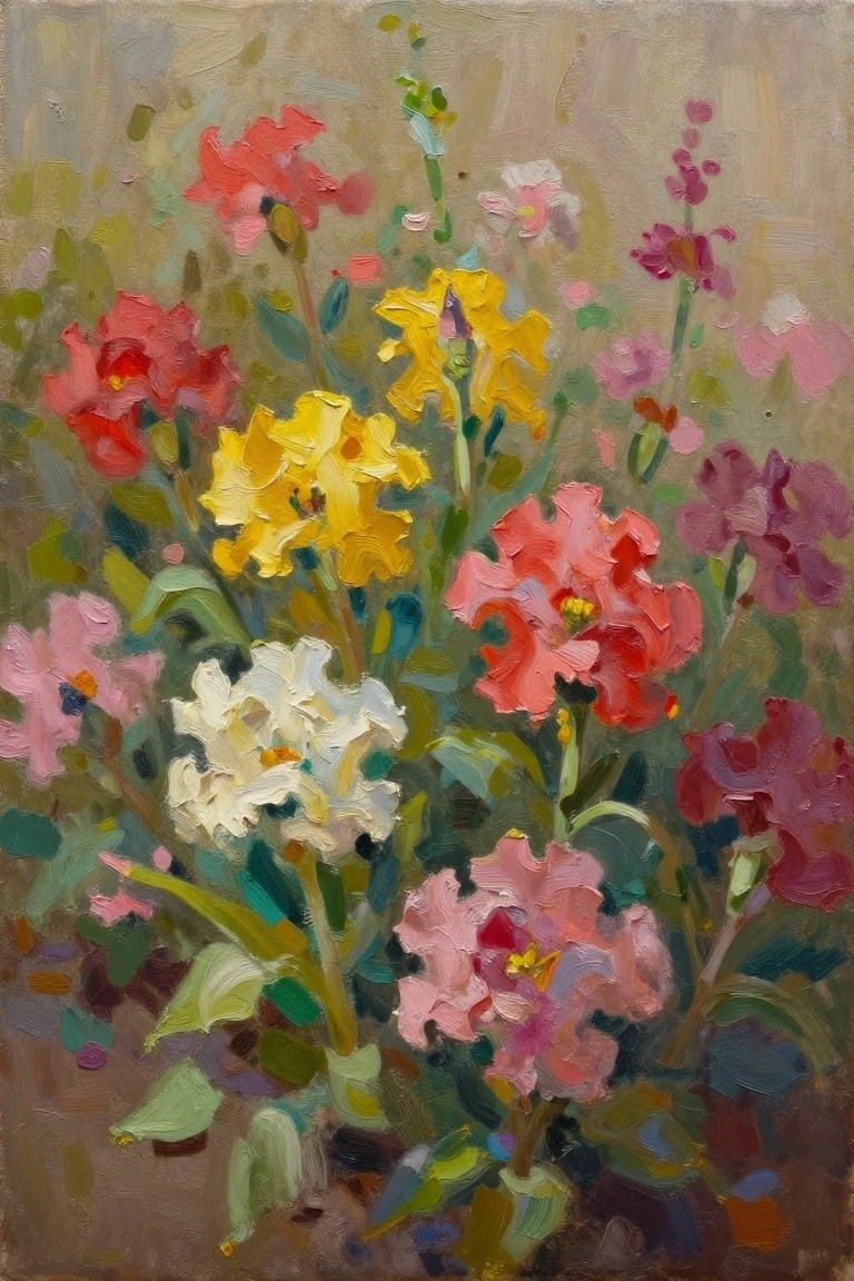 Vibrant oil painting of colorful flowers in red, yellow, pink, and purple hues.