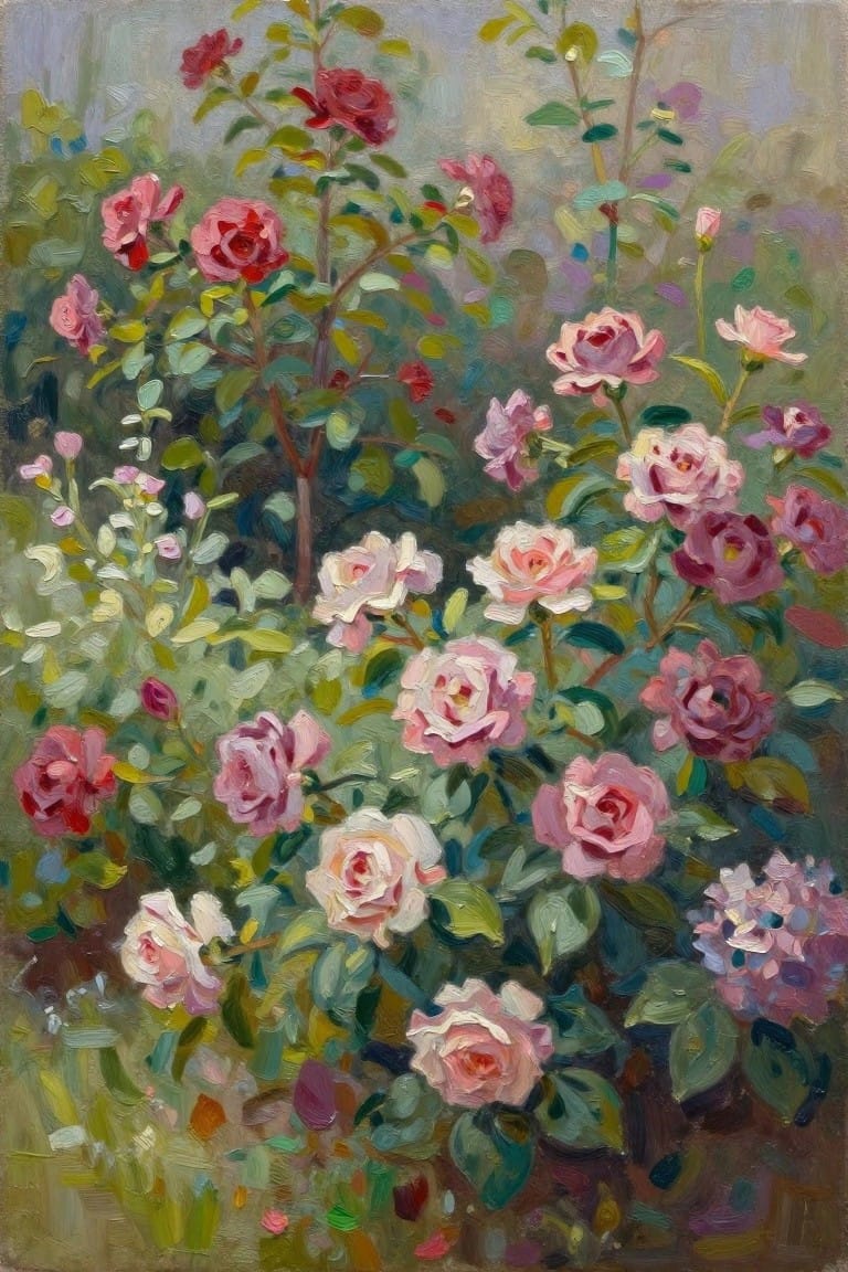Lush oil painting of blooming pink and red roses amid green garden foliage.
