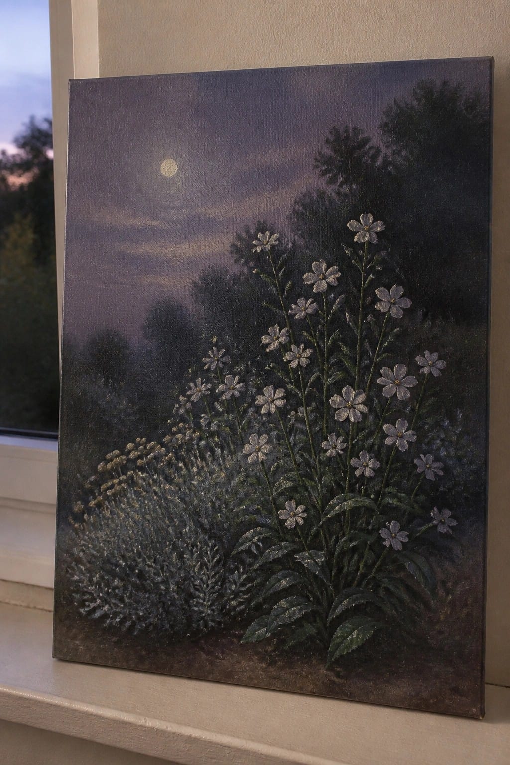 An oil painting of white flowers growing in a garden bed at night with a full moon visible in the dark sky and trees in the background.