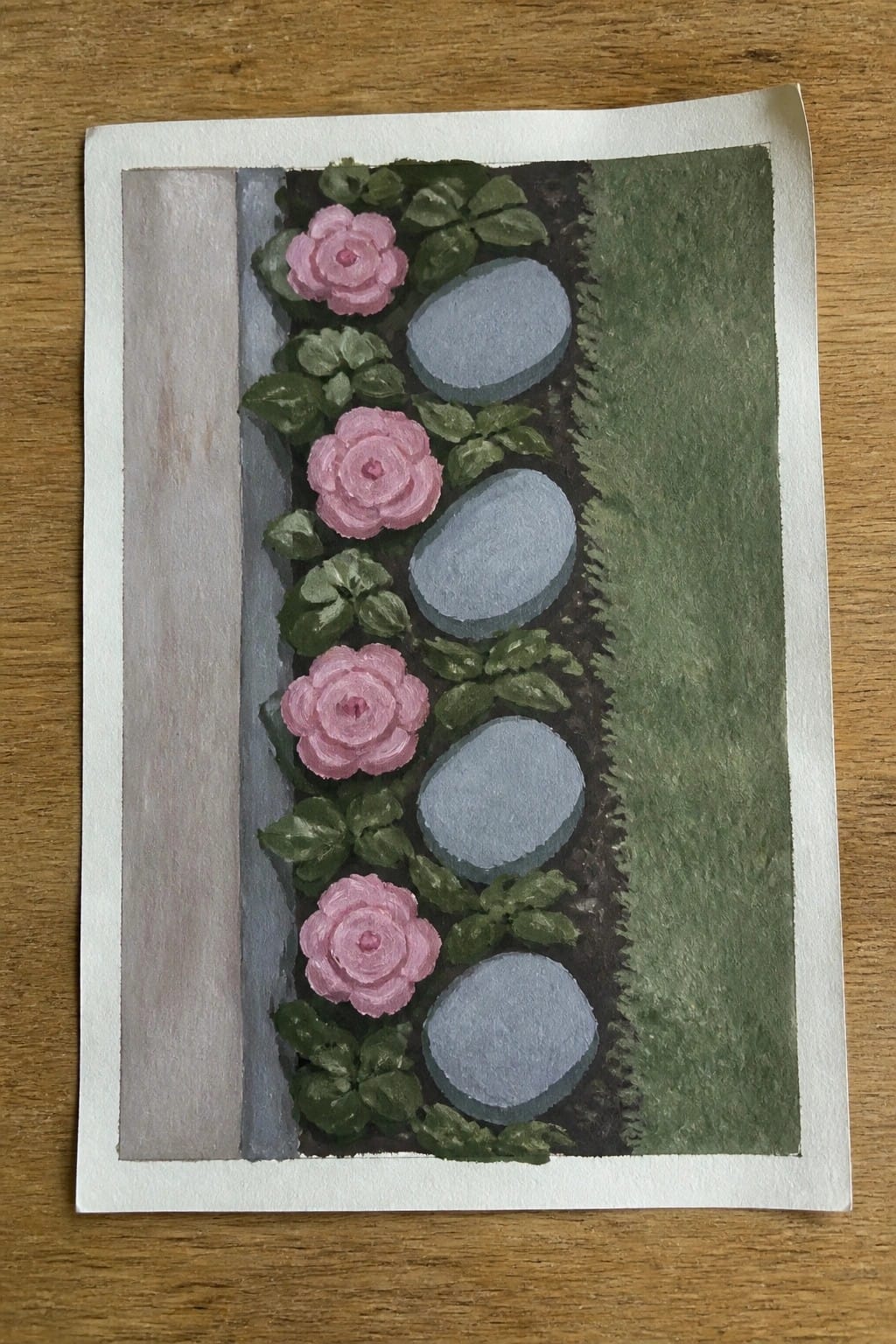 Watercolor of pink roses, green leaves, and gray stepping stones along a garden path.