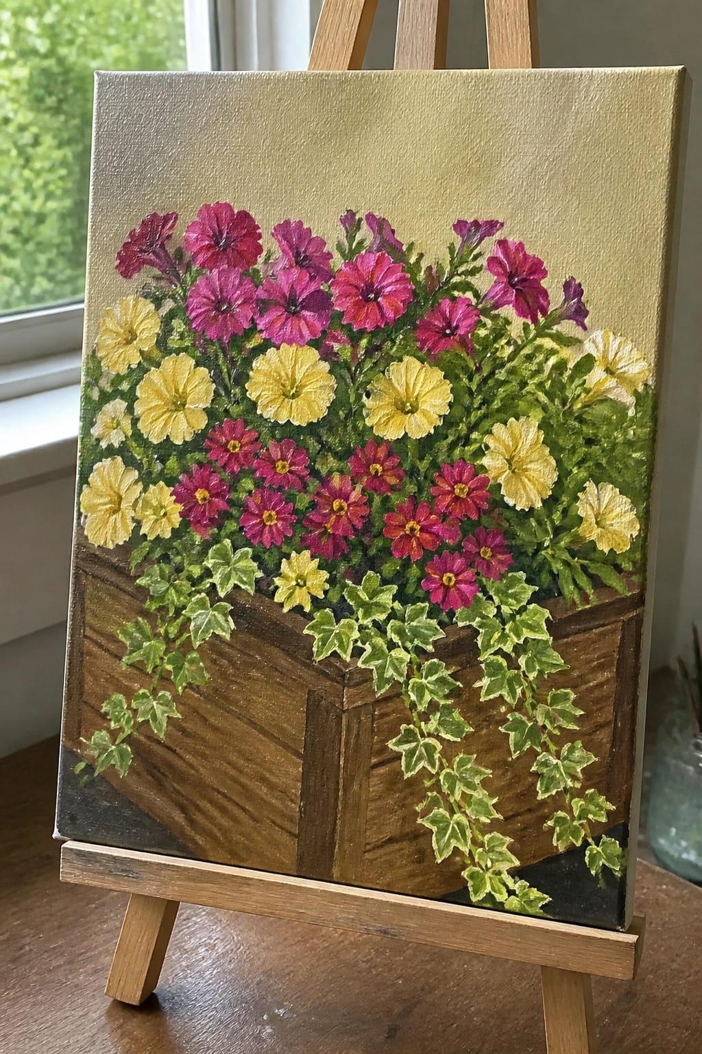 Vibrant painting of colorful flowers and ivy in a wooden planter on an easel.