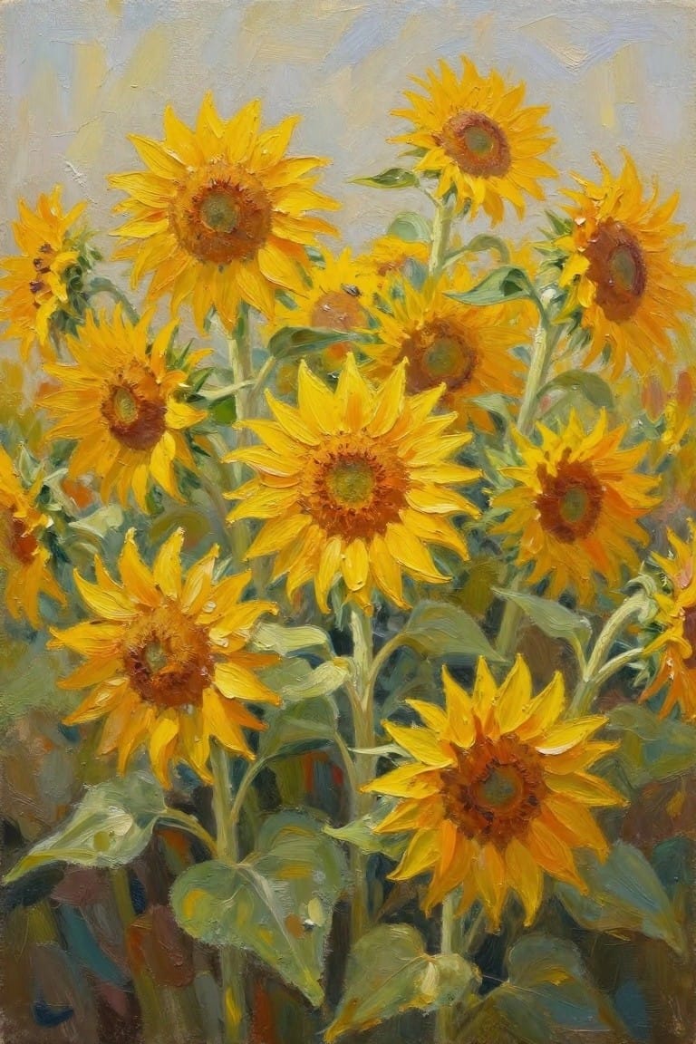 An oil painting of many yellow sunflowers with green leaves filling the frame against a soft light background.