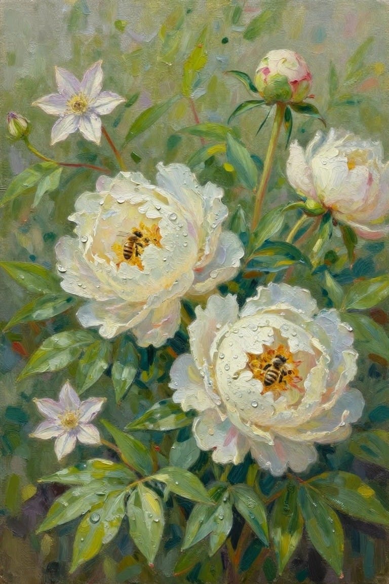 Oil painting of white peonies with bees and dew drops among green leaves