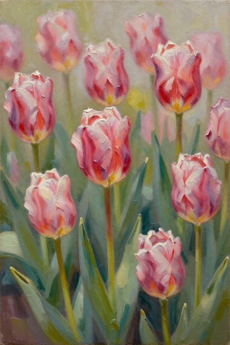 Oil painting of blooming pink and red tulips with green stems and leaves