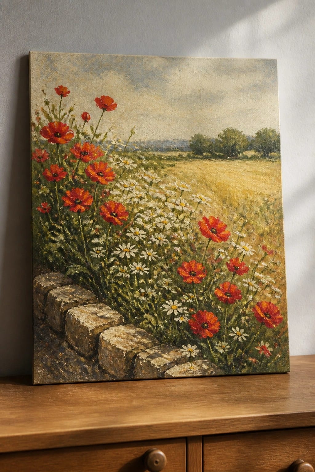 Oil painting of red poppies and white daisies by a stone wall in a field