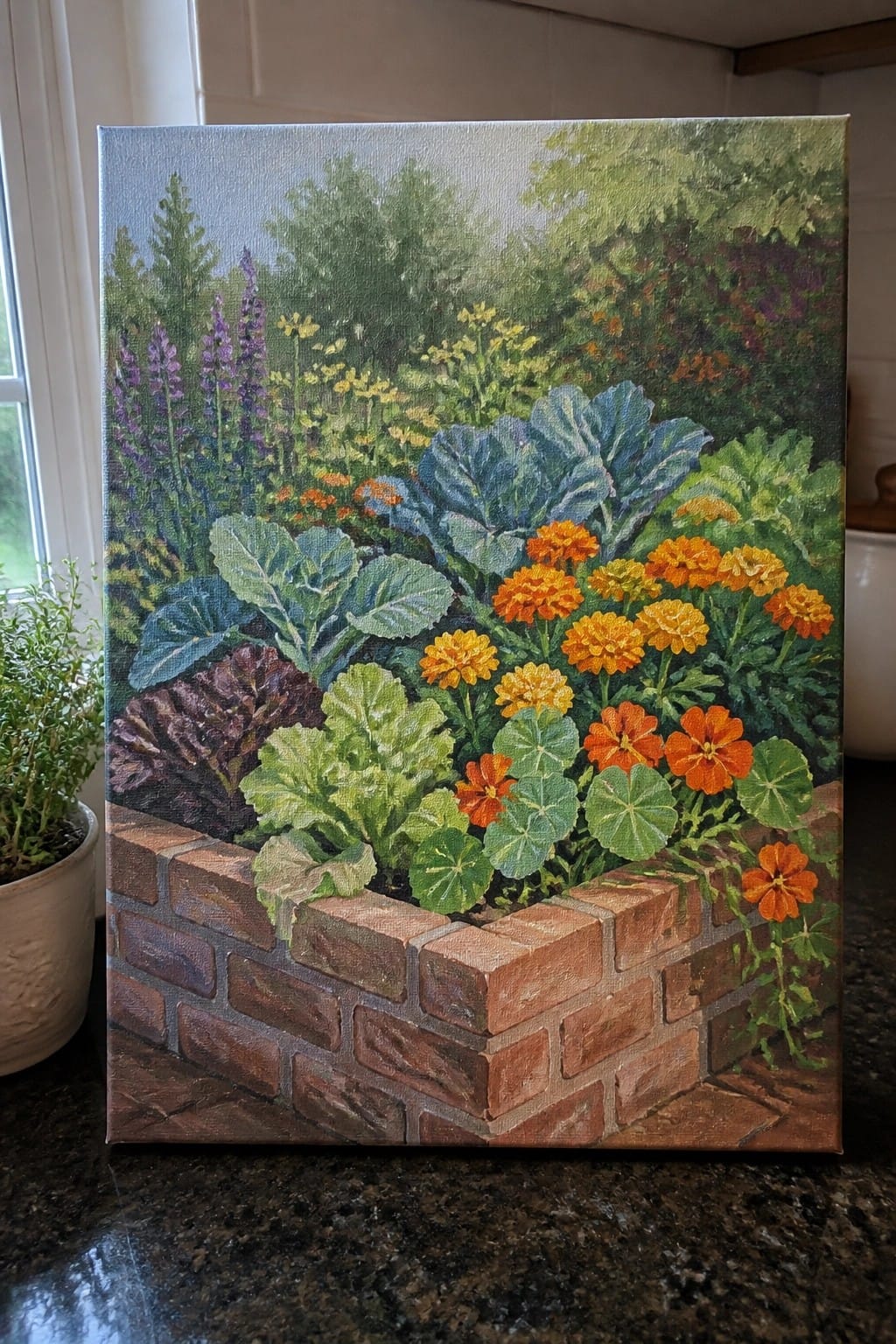 Vibrant painting of orange marigolds in a brick garden planter amid lush foliage.
