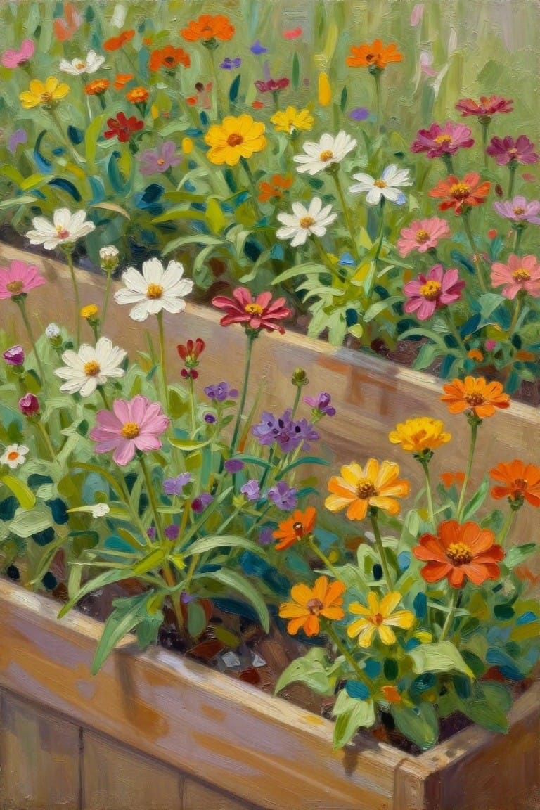 Vibrant multicolored flowers blooming in a wooden raised garden planter box