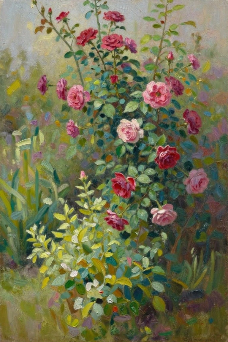Vibrant pink and red roses blooming amid lush green garden foliage.