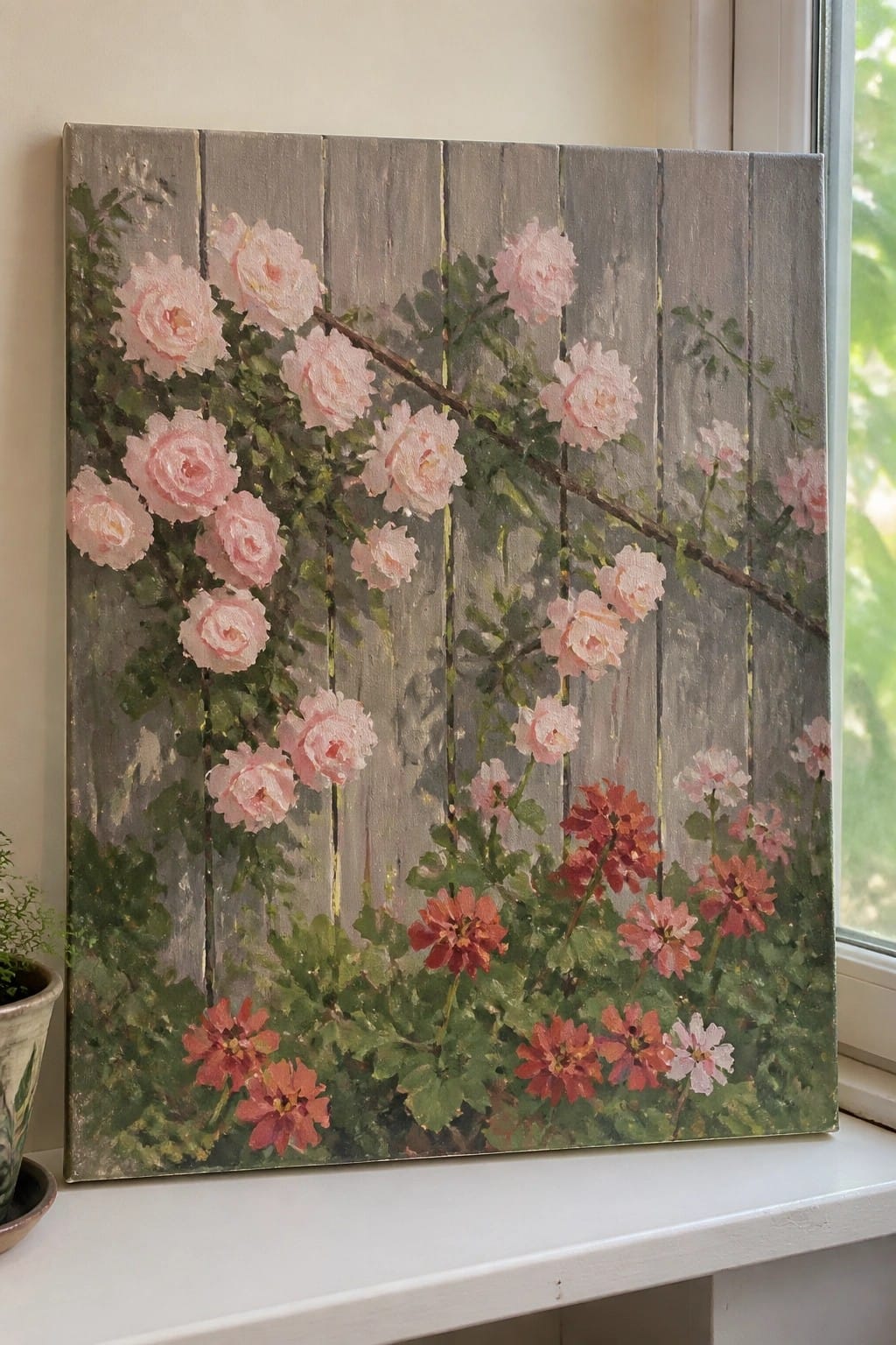 Oil painting of pink roses and red flowers on gray wooden fence atop windowsill