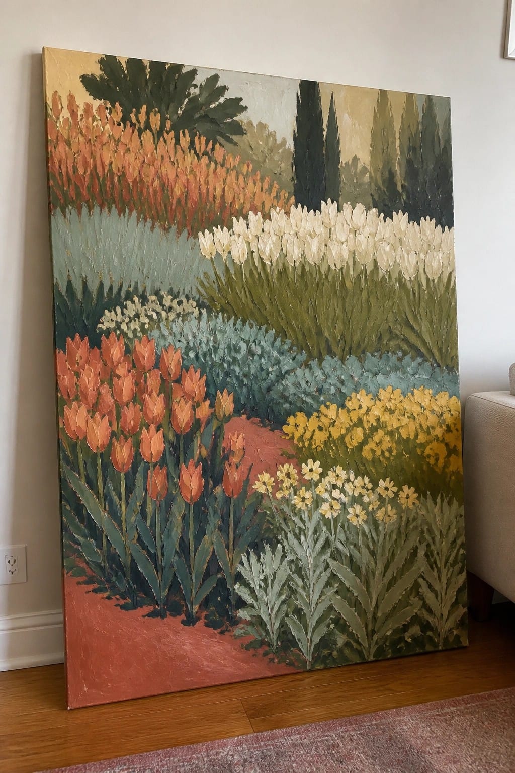 An oil painting of a garden with rows of orange, white, and yellow flowers bordered by trees and a red path.