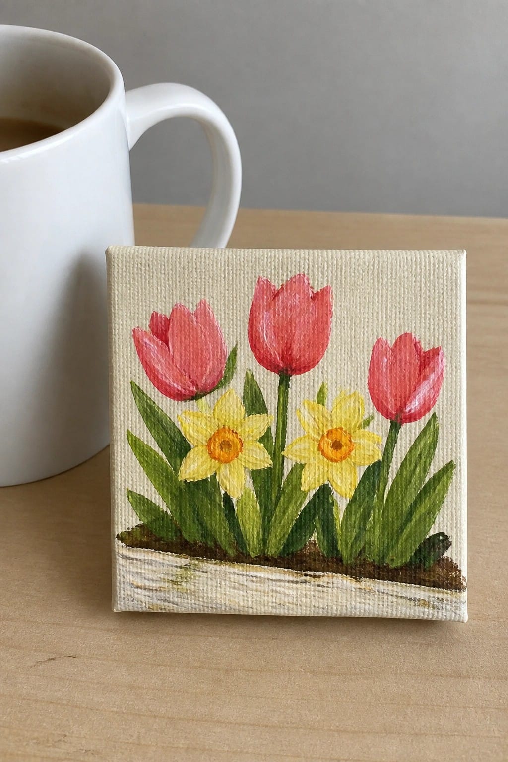 Small oil painting of pink tulips and yellow daffodils growing in a wooden raised bed next to a white mug.