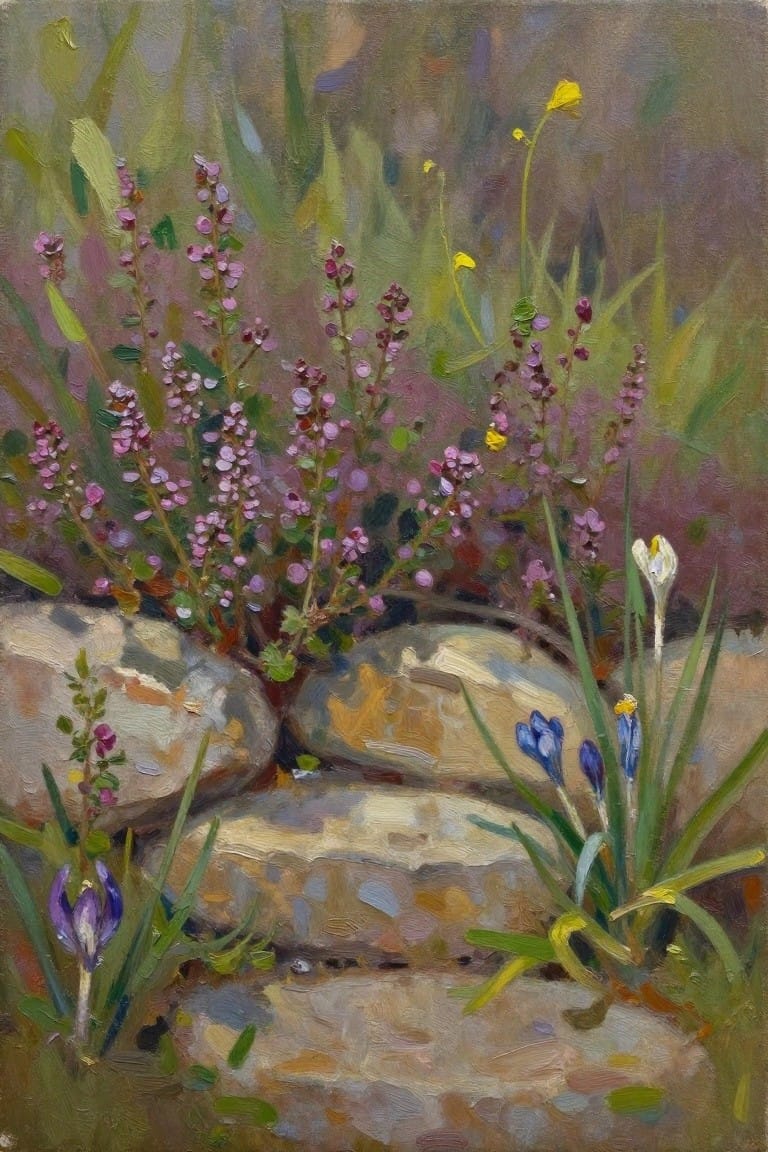Vibrant oil painting of wildflowers blooming among large rocks and grass