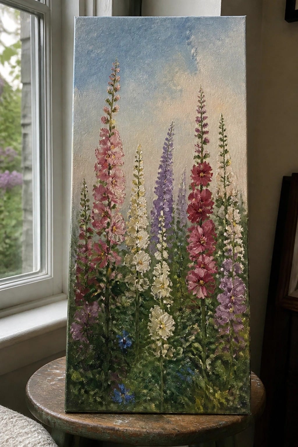 Tall pink purple white hollyhock flowers painted on canvas by window on stool