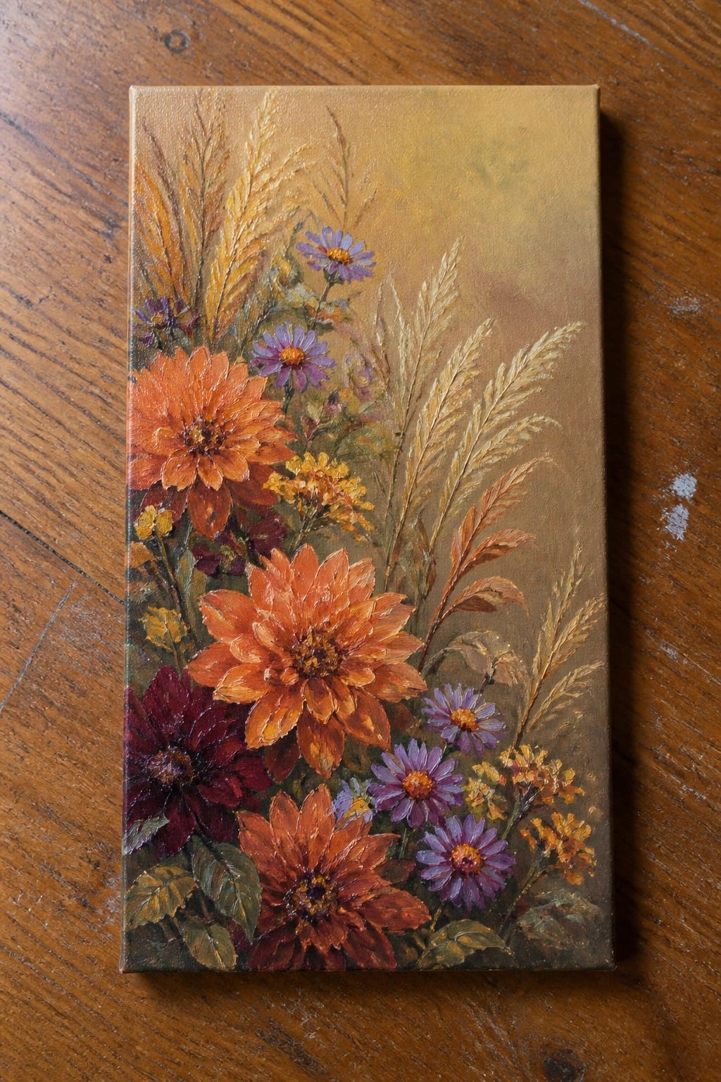 An oil painting of orange dahlias, purple asters, and golden grasses arranged vertically on a brown background.